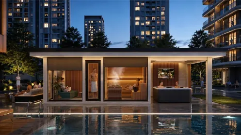 Outdoor premium sauna house in a private penthouse with panoramic view