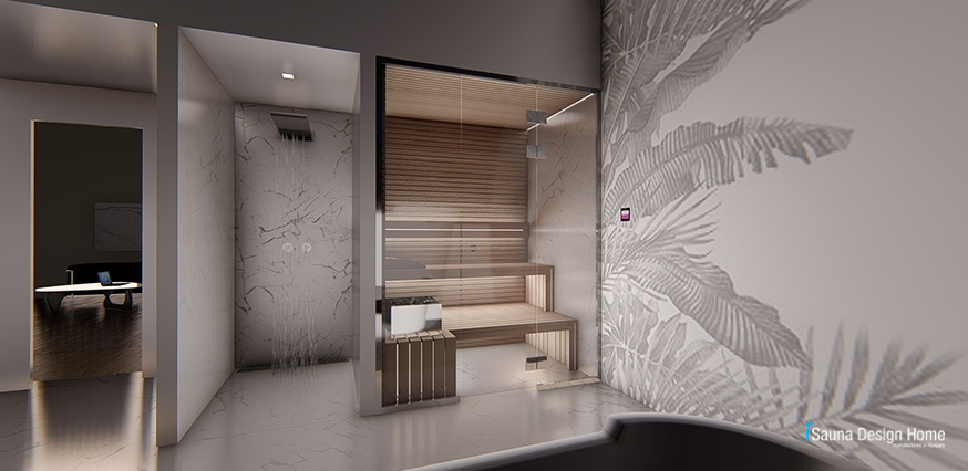 Indoor sauna in minimalist Design, front view 