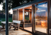 Outdoor sauna house with panorama