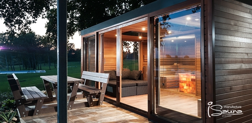 Outdoor sauna house with panorama