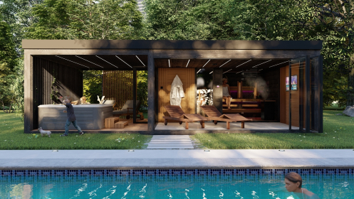 Outdoor wellness sauna house - 500 x 480 x 273.6 cm + 350 cm x 480 cm terrace